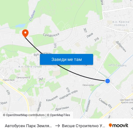 Автобусен Парк Земляне / Zemlyane Bus Depot (0079) to Висше Строително Училище ""Любен Каравелов"" map