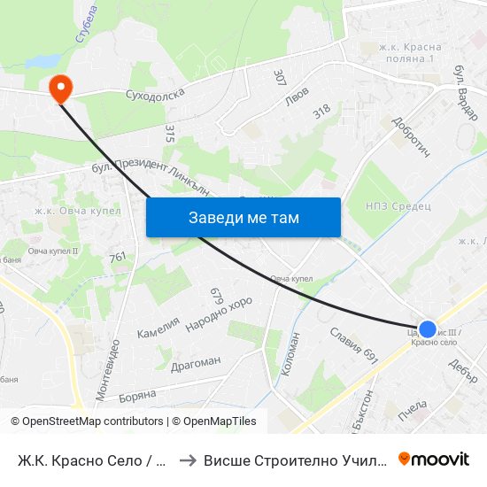 Ж.К. Красно Село / Krasno Selo Qr. (0638) to Висше Строително Училище ""Любен Каравелов"" map