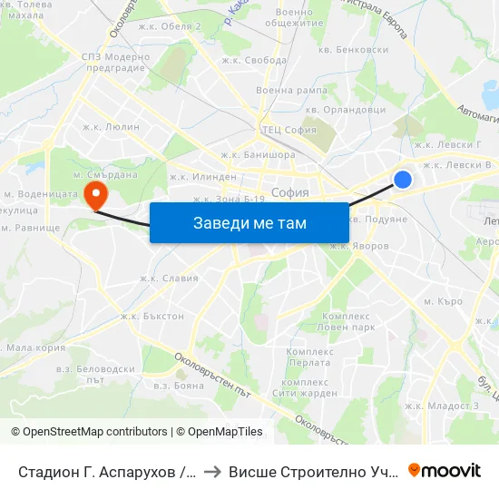 Стадион Г. Аспарухов / G. Asparuhov Stadium (1612) to Висше Строително Училище ""Любен Каравелов"" map