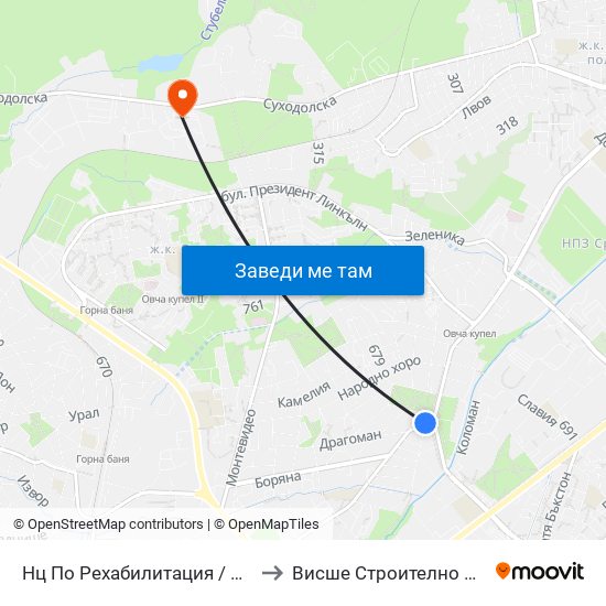 Нц По Рехабилитация / National Rehabilitation Centre (0095) to Висше Строително Училище ""Любен Каравелов"" map