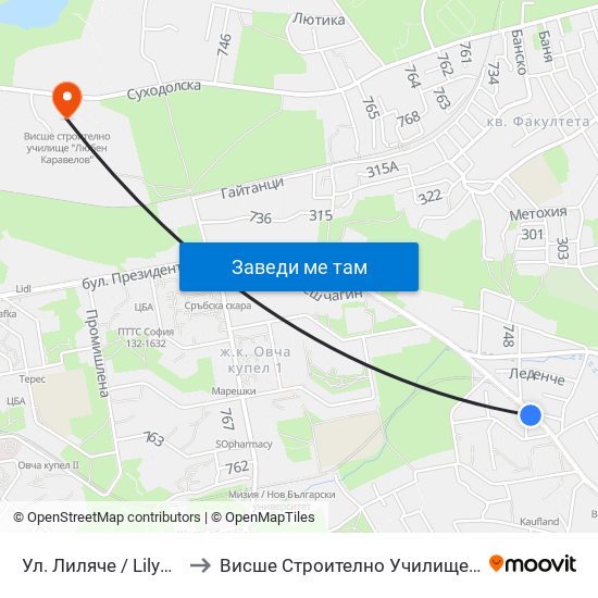 Ул. Лиляче / Lilyache St. (2030) to Висше Строително Училище ""Любен Каравелов"" map