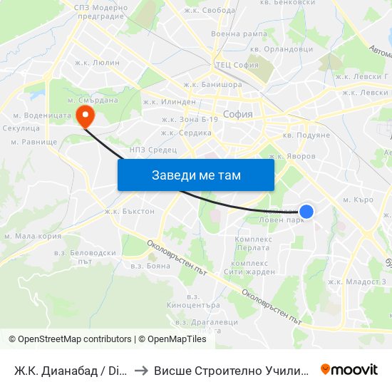 Ж.К. Дианабад / Dianabad Qr. (0630) to Висше Строително Училище ""Любен Каравелов"" map