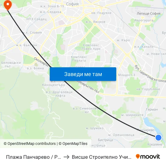 Плажа Панчарево / Pancharevo Beach (1335) to Висше Строително Училище ""Любен Каравелов"" map