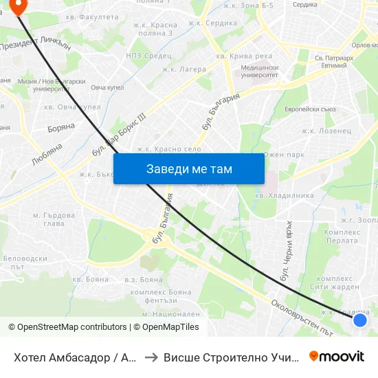 Хотел Амбасадор / Ambassador Hotel (0658) to Висше Строително Училище ""Любен Каравелов"" map