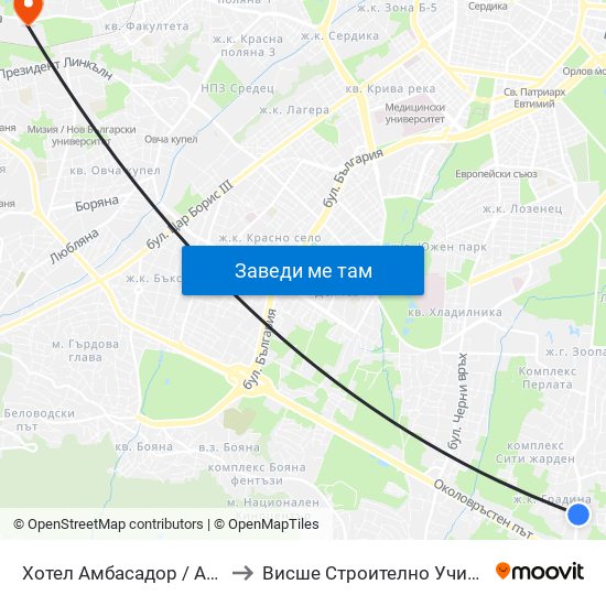 Хотел Амбасадор / Ambassador Hotel (0659) to Висше Строително Училище ""Любен Каравелов"" map