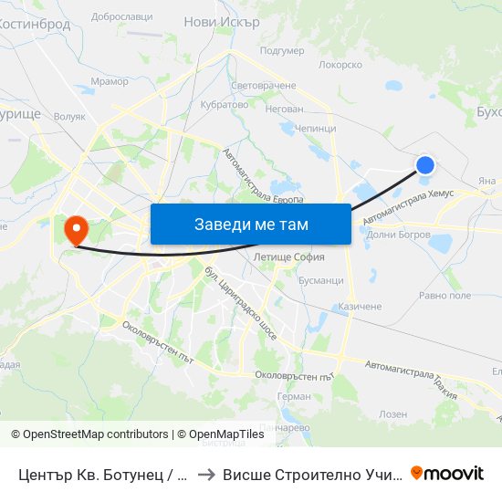 Център Кв. Ботунец / Botunets Qr. Centre (1235) to Висше Строително Училище ""Любен Каравелов"" map