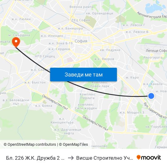 Бл. 226 Ж.К. Дружба 2 / Bl. 226, Druzhba 2 Qr. (2417) to Висше Строително Училище ""Любен Каравелов"" map