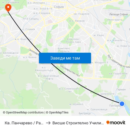 Кв. Панчарево / Pancharevo Qr. (1244) to Висше Строително Училище ""Любен Каравелов"" map