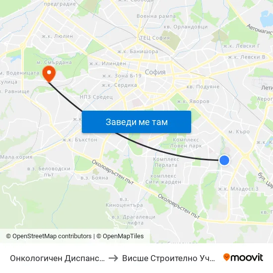 Онкологичен Диспансер / Oncology Clinic (0022) to Висше Строително Училище ""Любен Каравелов"" map