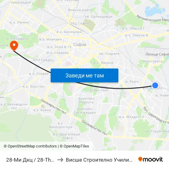 28-Ми Дкц / 28-Th Polyclinic (0025) to Висше Строително Училище ""Любен Каравелов"" map