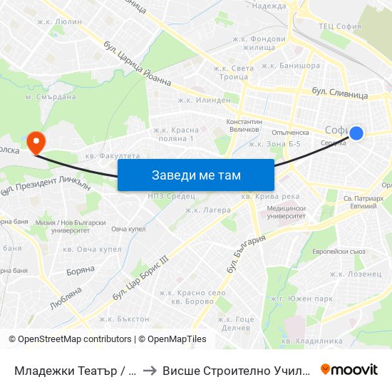 Младежки Театър / Youth Theatre (1073) to Висше Строително Училище ""Любен Каравелов"" map