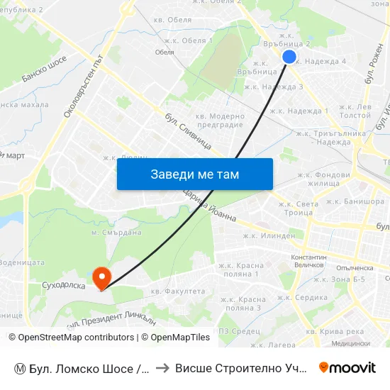Ⓜ️ Бул. Ломско Шосе / Lomsko Shose Blvd. (0334) to Висше Строително Училище ""Любен Каравелов"" map