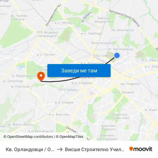 Кв. Орландовци / Orlandovtsi Qr. (0887) to Висше Строително Училище ""Любен Каравелов"" map