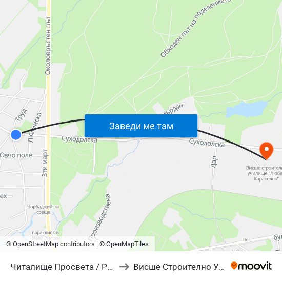Читалище Просвета / Prosveta Community Centre (0943) to Висше Строително Училище ""Любен Каравелов"" map