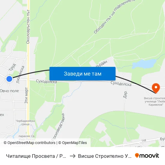 Читалище Просвета / Prosveta Community Centre (0943) to Висше Строително Училище ""Любен Каравелов"" map
