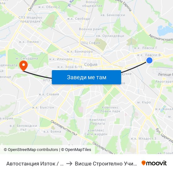 🚌 Автостанция Изток / Iztok Bus Station (2022) to Висше Строително Училище ""Любен Каравелов"" map