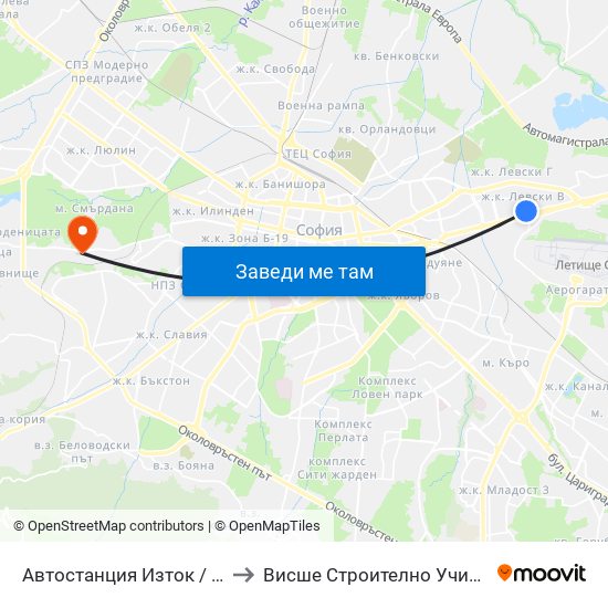 🚌 Автостанция Изток / Iztok Bus Station (2427) to Висше Строително Училище ""Любен Каравелов"" map