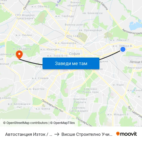 🚌 Автостанция Изток / Iztok Bus Station (2427) to Висше Строително Училище ""Любен Каравелов"" map