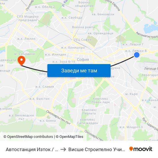 Автостанция Изток / Iztok Bus Station (2428) to Висше Строително Училище ""Любен Каравелов"" map