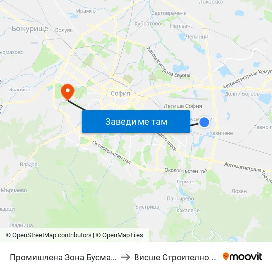 Промишлена Зона Бусманци / Industrial Zone Busmantsi (1640) to Висше Строително Училище ""Любен Каравелов"" map