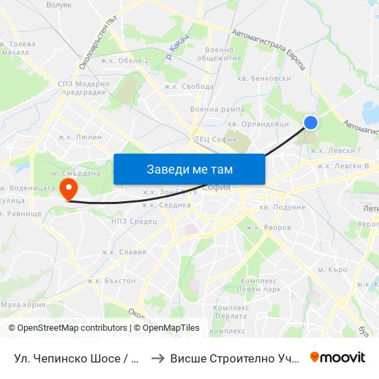 Ул. Чепинско Шосе / Chepinsko Shosse St. (0921) to Висше Строително Училище ""Любен Каравелов"" map