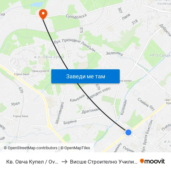 Кв. Овча Купел / Ovcha Kupel Qr. (0875) to Висше Строително Училище ""Любен Каравелов"" map