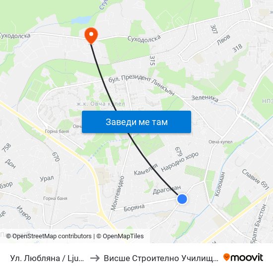 Ул. Любляна / Ljubljana St. (0900) to Висше Строително Училище ""Любен Каравелов"" map