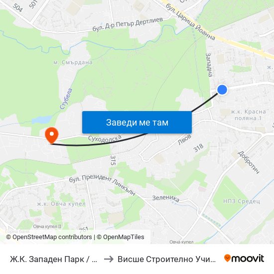 Ж.К. Западен Парк / Zapaden Park Qr. (0619) to Висше Строително Училище ""Любен Каравелов"" map