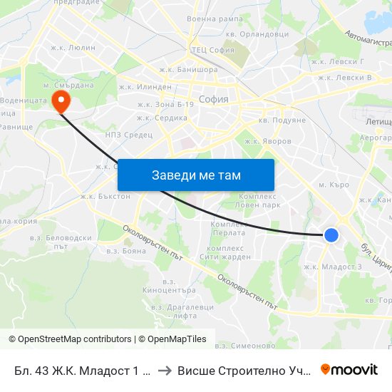 Бл. 43 Ж.К. Младост 1 / Bl. 43, Mladost 1 Qr. (0217) to Висше Строително Училище ""Любен Каравелов"" map