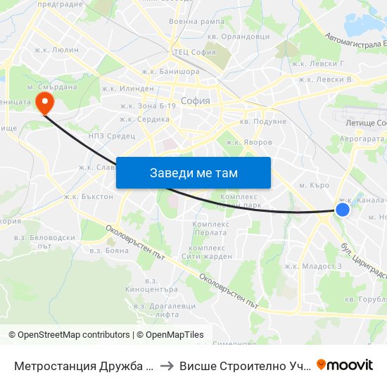 Ⓜ️ Метростанция Дружба / Druzhba Metro Station (0236) to Висше Строително Училище ""Любен Каравелов"" map