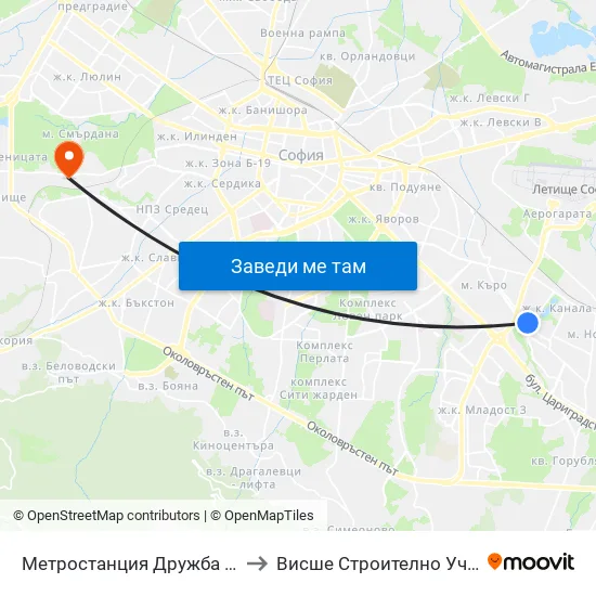 Ⓜ️ Метростанция Дружба / Druzhba Metro Station (0236) to Висше Строително Училище ""Любен Каравелов"" map