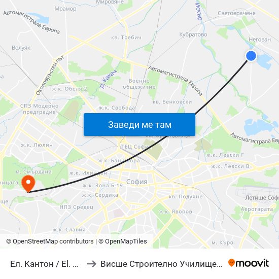 Ел. Кантон / El. Canton (0561) to Висше Строително Училище ""Любен Каравелов"" map
