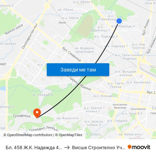 Бл. 458 Ж.К. Надежда 4 / Bl. 458, Nadezhda Qr. (0222) to Висше Строително Училище ""Любен Каравелов"" map