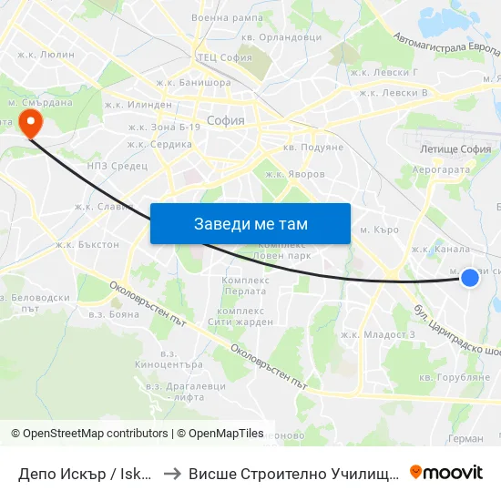 Депо Искър / Iskar Depot (0519) to Висше Строително Училище ""Любен Каравелов"" map