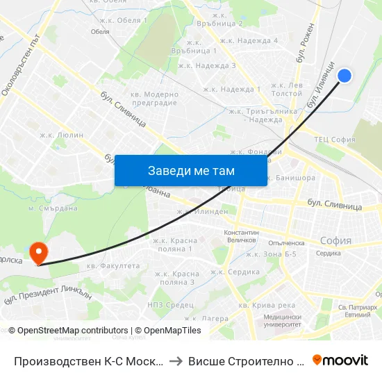 Производствен К-С Москва / Moskva Industrial Complex (0538) to Висше Строително Училище ""Любен Каравелов"" map