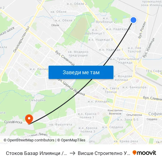 Стоков Базар Илиянци / Iliyantsi Commodity Market (0491) to Висше Строително Училище ""Любен Каравелов"" map