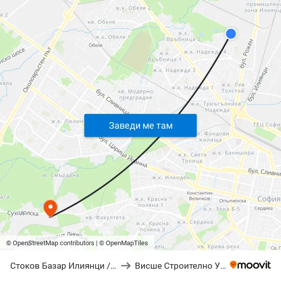 Стоков Базар Илиянци / Iliyantsi Commodity Market (0485) to Висше Строително Училище ""Любен Каравелов"" map