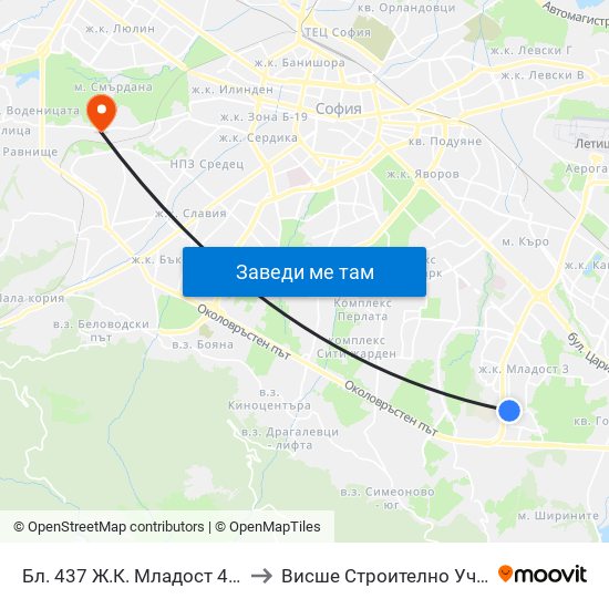 Бл. 437 Ж.К. Младост 4 / Bl. 437, Mladost 4 Qr. (0220) to Висше Строително Училище ""Любен Каравелов"" map