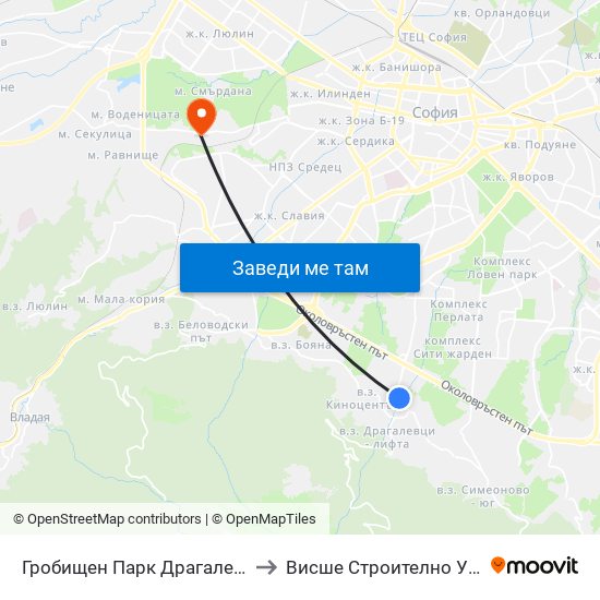 Гробищен Парк Драгалевци / Dragalevtsi Cemetery (0509) to Висше Строително Училище ""Любен Каравелов"" map