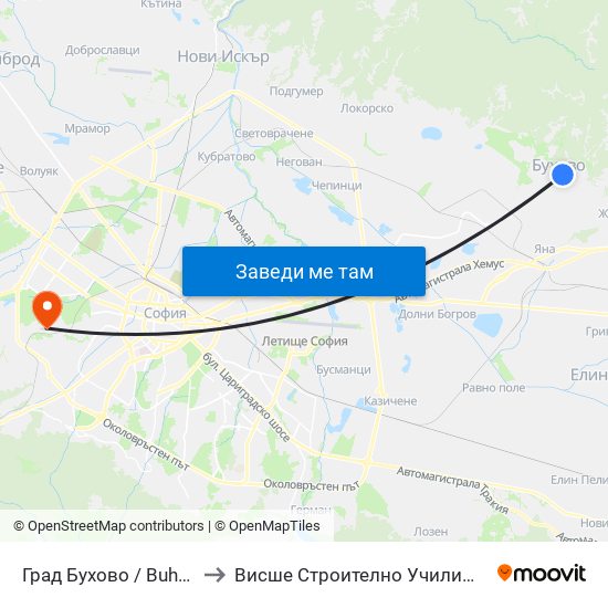 Град Бухово / Buhovo Town (0504) to Висше Строително Училище ""Любен Каравелов"" map