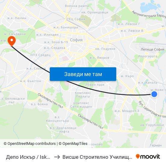 Депо Искър / Iskar Depot (0516) to Висше Строително Училище ""Любен Каравелов"" map