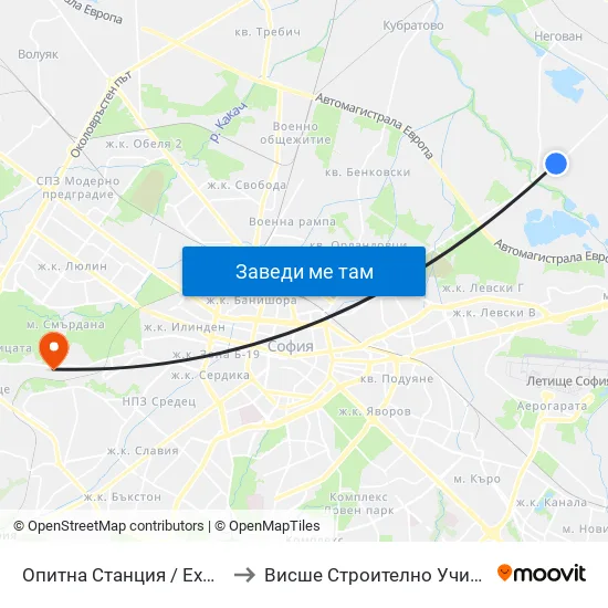 Опитна Станция / Experimental Station (1205) to Висше Строително Училище ""Любен Каравелов"" map