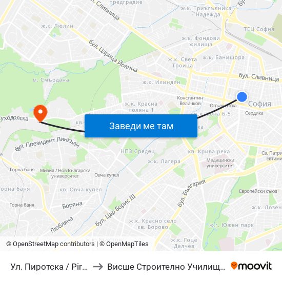 Ул. Пиротска / Pirotska St. (2112) to Висше Строително Училище ""Любен Каравелов"" map