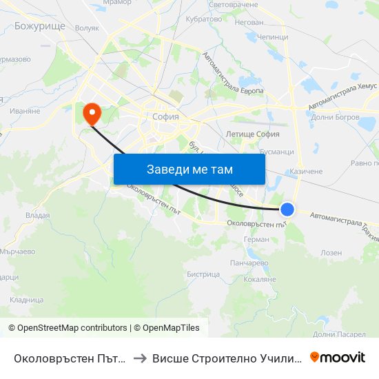 Околовръстен Път / Ring Road (1183) to Висше Строително Училище ""Любен Каравелов"" map