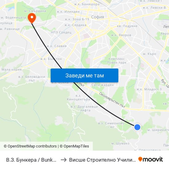 В.З. Бункера / Bunkera Villa Zone (2656) to Висше Строително Училище ""Любен Каравелов"" map
