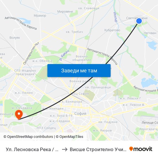 Ул. Лесновска Река / Lesnovska Reka St. (2544) to Висше Строително Училище ""Любен Каравелов"" map
