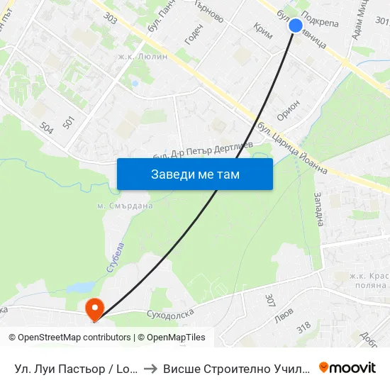 Ул. Луи Пастьор / Louis Pasteur St. (2166) to Висше Строително Училище ""Любен Каравелов"" map