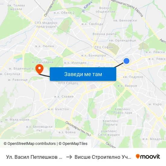 Ул. Васил Петлешков / Vasil Petleshkov St. (1864) to Висше Строително Училище ""Любен Каравелов"" map