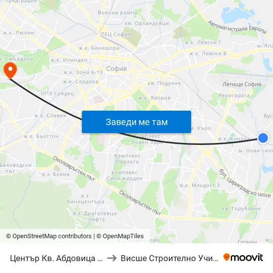 Център Кв. Абдовица / Abdovitsa Centre (2339) to Висше Строително Училище ""Любен Каравелов"" map