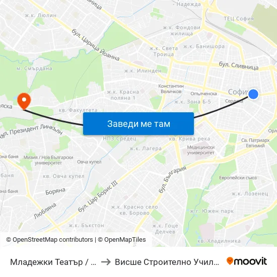 Младежки Театър / Youth Theatre (1074) to Висше Строително Училище ""Любен Каравелов"" map